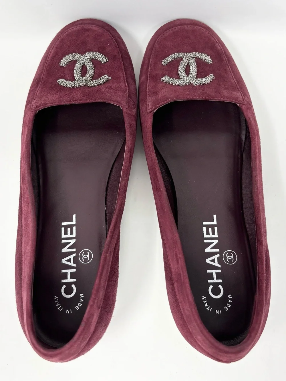 Chanel CC Logo Suede Loafers Burgundy Size 37 Size US 7